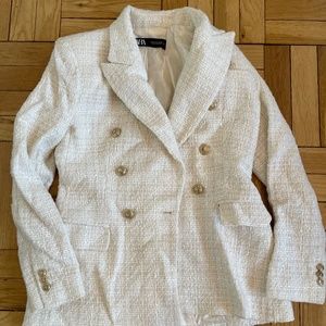 Zara white tweed double breasted blazer